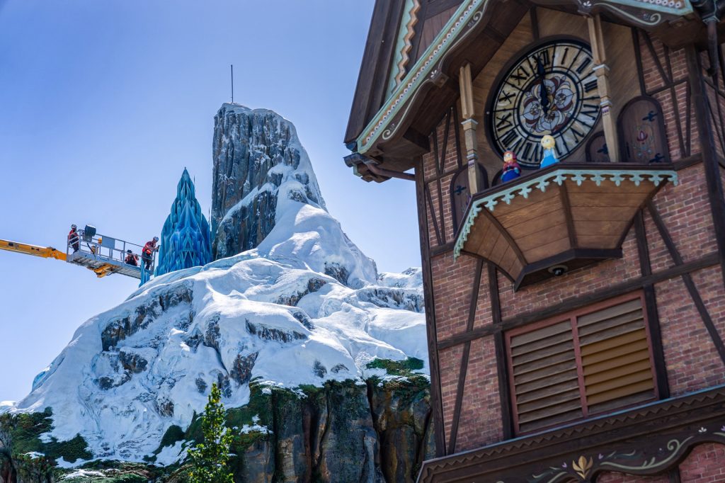 World of Frozen clocktower with Anna and Elsa Disneyland Paris