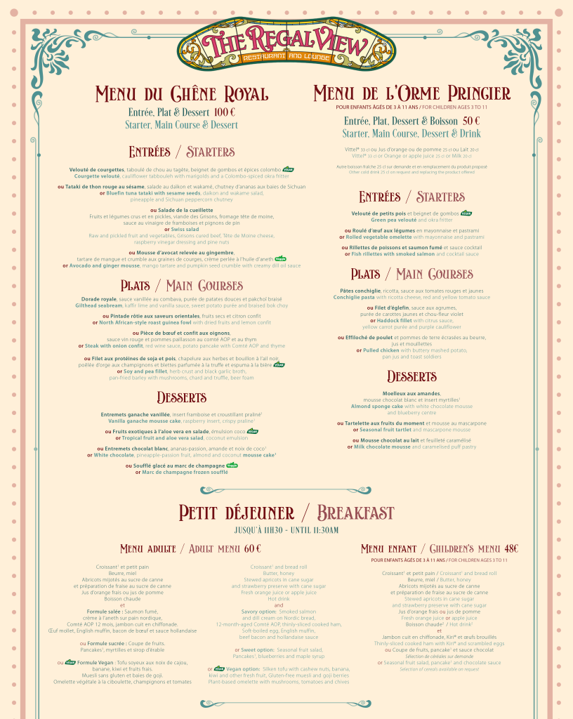 The Regal View Restaurant & Lounge Menu Disneyland Paris