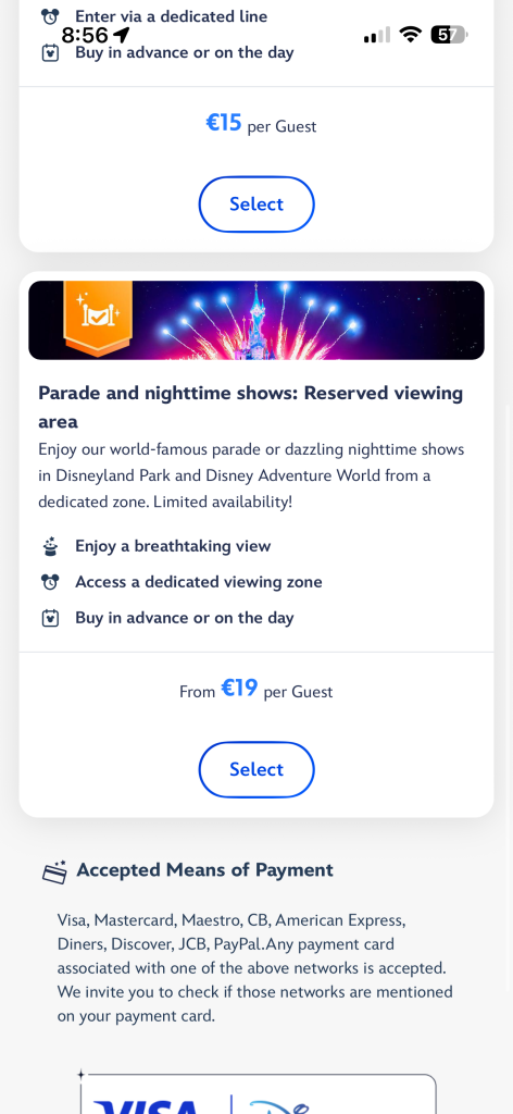 how to book reserved viewing area AT DISNEYLAND PARIS
