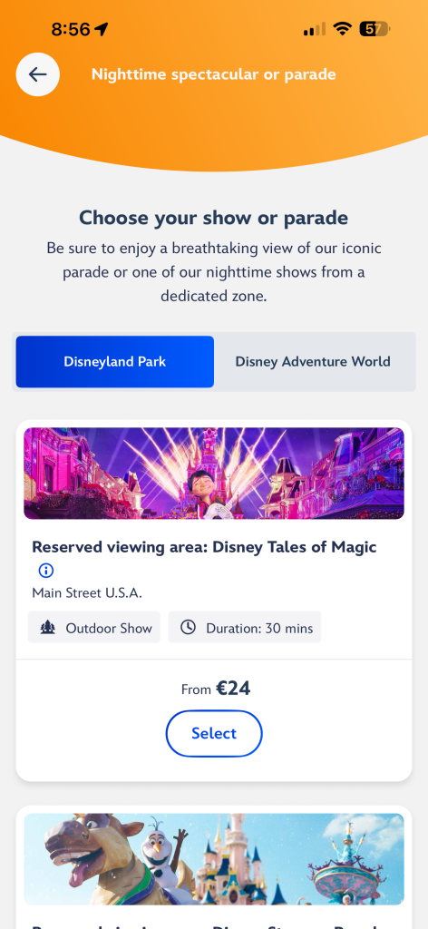 how to book reserved viewing area AT DISNEYLAND PARIS